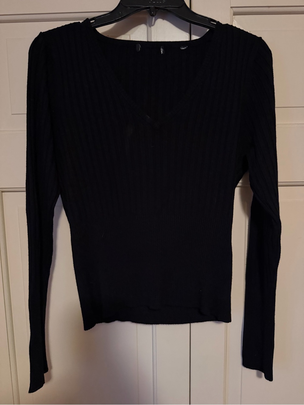 BCBG Black Ribbed V-Neck Long Sleeve Sweater